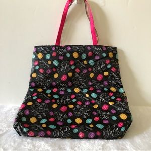Lancôme Pink/Black Large Tote Bag — Paris Logo, Reversible Macaroon Cookie Print